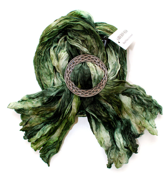 Ladycrow Mixed Green Pongee Silk Scarf with Celtic Knot Circle Scarf Ring