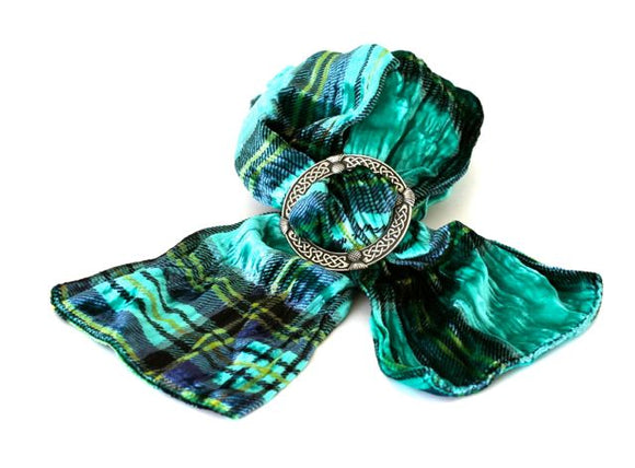 Ladycrow Twisted Jade Green Tartan Velvet Scarf and Stunning Pewter Scarf Ring Gift Set