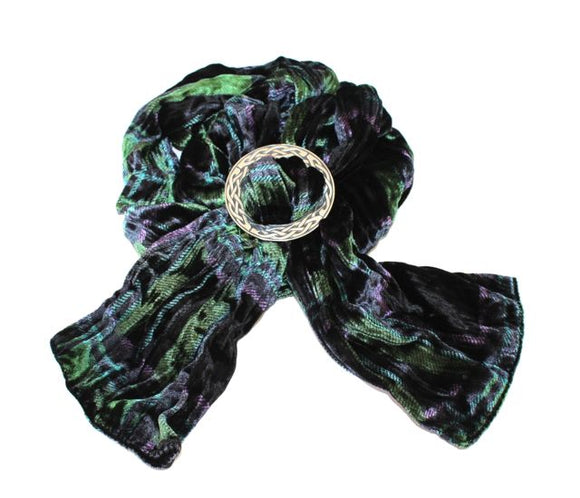 Ladycrow Twisted Black Green Tartan Velvet Scarf and Stunning Pewter Scarf Ring Gift Set