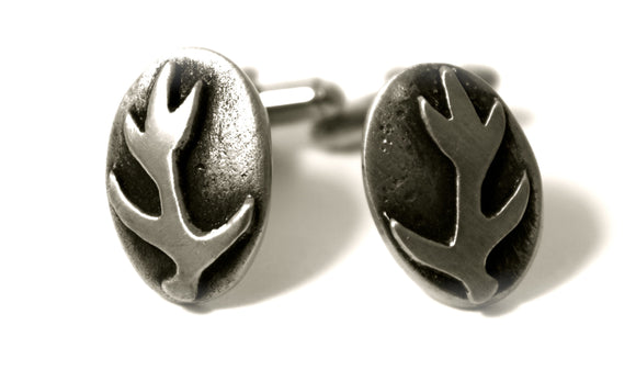 Solid Pewter Scottish Stag Antler Cufflinks in Brushed Antique with T-Bar