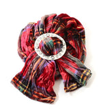 Ladycrow Twisted Red Tartan Velvet Scarf and Stunning Pewter Scarf Ring Gift Set