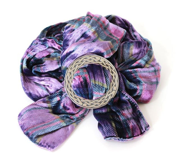 Ladycrow Twisted Purple Tartan Velvet Scarf and Stunning Pewter Scarf Ring Gift Set