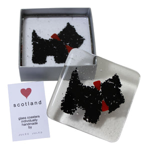 Pair of Handcrafted Fused Glass Coasters Featuring A Black Scottie Dog