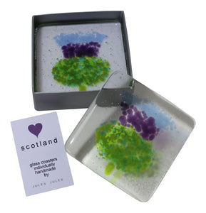 Pair of Handcrafted Fused Glass Coasters Featuring A Scottish Thistle