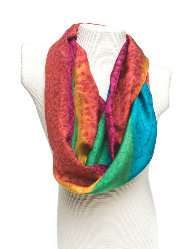 Ladycrow Luxurious Handpainted Salt Water Dyed Habotai Silk Scarf in Vibrant Multi Colour Parrot