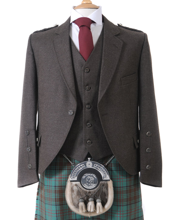 Crail Highland Kilt Jacket & Waistcoat in Peat Brown Arrochar Tweed - Short Fit