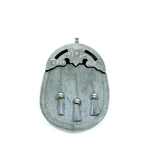 Light Grey Pony Full Dress Traditional Scottish Sporran with Thistle Cantle