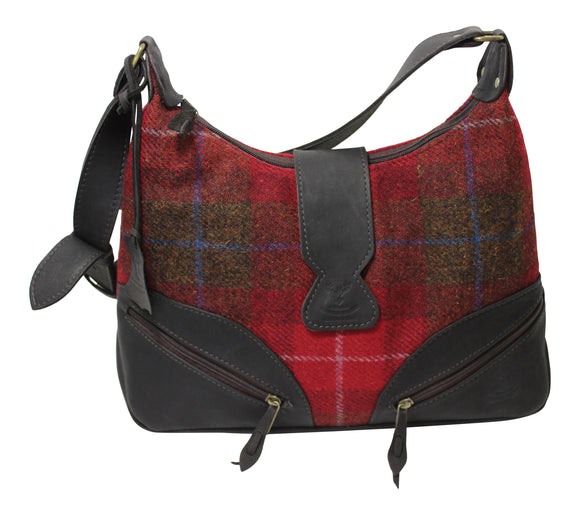Wild Scottish Deerskin Leather Red Tartan Check Harris Tweed Large Lola Handbag