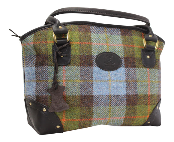Wild Scottish Deerskin Designer Leather Green and Blue Tartan Check Harris Tweed Large Sophie Tote Bag