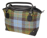 Wild Scottish Deerskin Designer Leather Green and Blue Tartan Check Harris Tweed Large Sophie Tote Bag