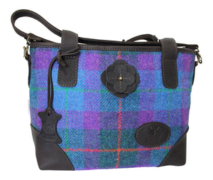 Scottish Deerskin Leather Purple Blue Tartan Check Harris Tweed Large Hannah Bag