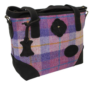 Scottish Deerskin Designer Leather Pink Lilac Tartan Harris Tweed Large Handbag