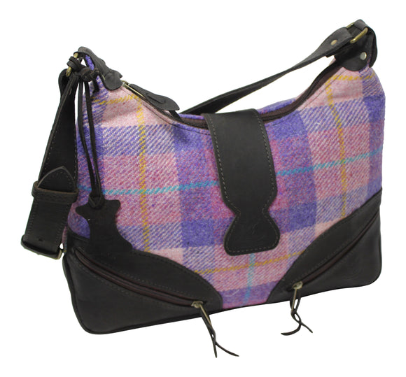 Scottish Deerskin Leather Pink&Lilac Tartan Harris Tweed Large Lola Handbag