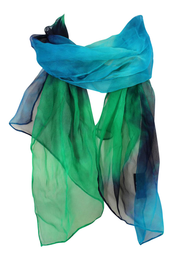 Ladycrow Hand Dyed Delicate Gossamer Silk Scarf Waterfall in Green & Blue