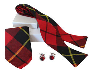 Luxury Wallace Red Tartan Classic Self Tie Bow Tie, Pocket Square and Silver Cufflink Set