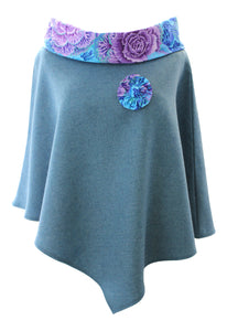 Stunning Sea Green Tweed Poncho Cape Wrap with Eucalyptus Purple and Blue Roll Neck Collar