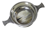 Traditional Scottish 4 Inch Pewter Toasting Quaich Inset with Polished Ox Horn
