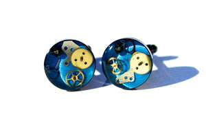 Unique Hand Crafted Cufflinks with Vintage Mechanical Watch Gears Cogs - Blue