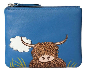 Blue Leather Zip Top Coin Pocket Purse Wallet Scottish Highland Cow Coo Applique