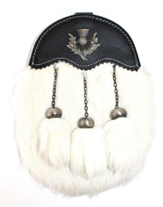Dress Sporran White Rabbit Fur with Leather Cantle and Antique Thistle Badge