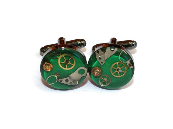 Unique Hand Crafted Cufflinks with Vintage Mechanical Watch Gears Cogs - Green