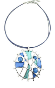 Alexander Thurlow Blue Green Stunning Rhodium Round Criss Cross Pendant Necklace