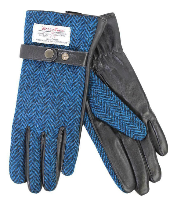 Ladies 100% Harris Tweed Traditional Blue Herringbone Tweed Black Leather Gloves