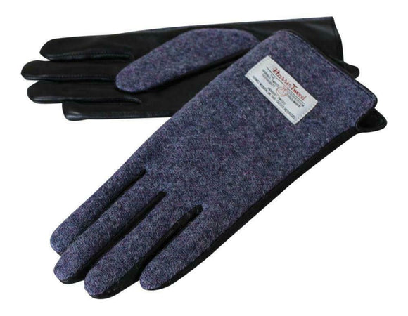 Ladies 100% Harris Tweed Traditional Purple Blend Tweed and Leather Gloves