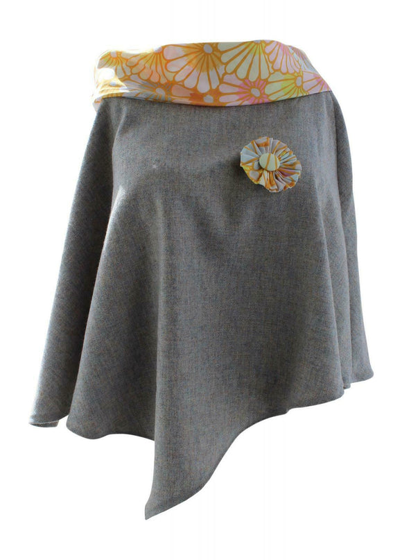 Stunning Grey Tweed Poncho Cape Wrap with Yellow Flower Collar