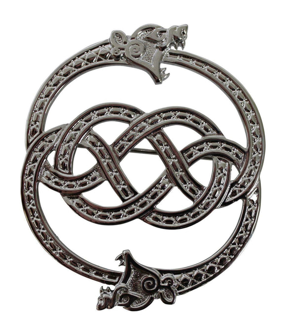 Celtic Art Jewellery Polished Pewter Zoomorphic Celtic Serpent Sash Plaid Brooch