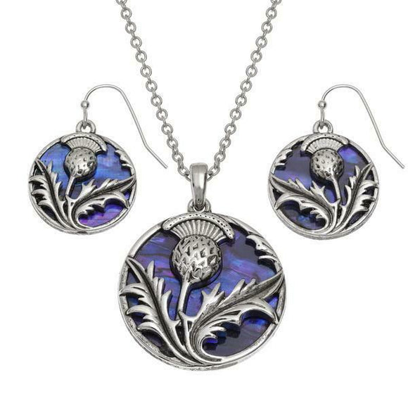 Tide Jewellery Inlaid Purple Paua Shell Scottish Thistle Necklace & Earring Set