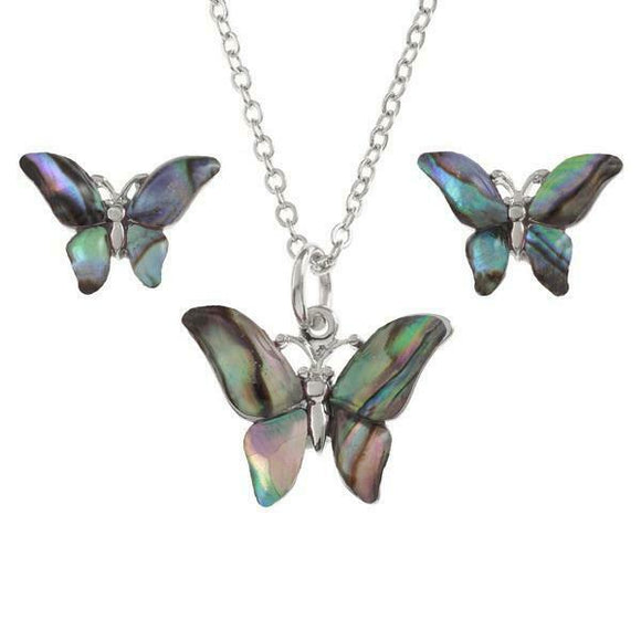 Tide Jewellery Inlaid Paua Shell Butterfly Pendant & Stud Earring Set