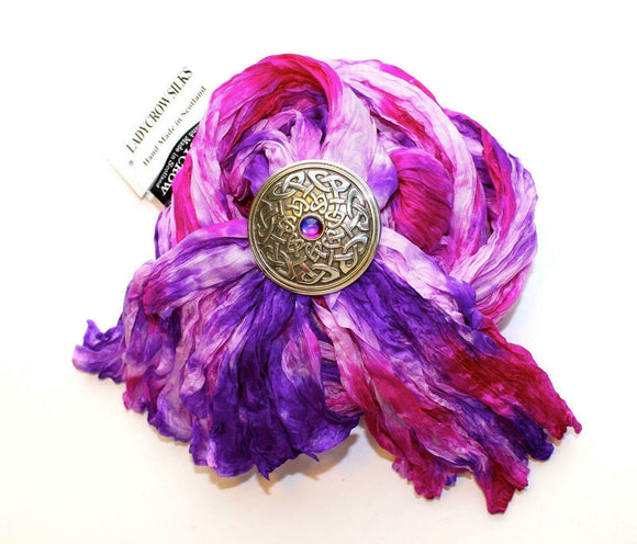 Ladycrow Pink and Purple Pongee Silk Scarf with Celtic Knot Stone Scarf Ring