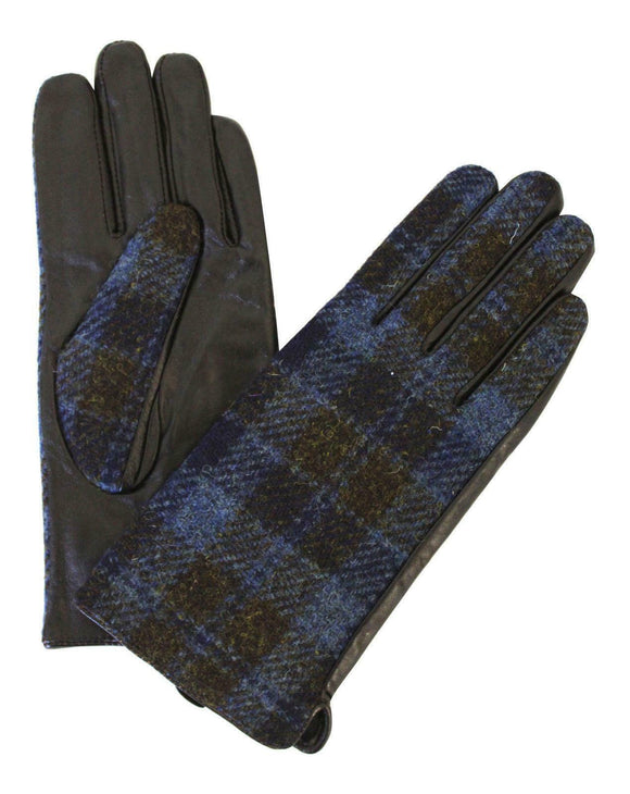 Ladies 100% Harris Tweed Traditional Blue & Brown Check Tweed & Leather Gloves