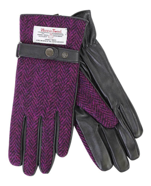 Ladies 100% Harris Tweed Traditional Purple Herringbone and Black Leather Gloves