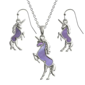 Tide Jewellery Inlaid Paua Purple Unicorn Necklace & Dangly Earring Set