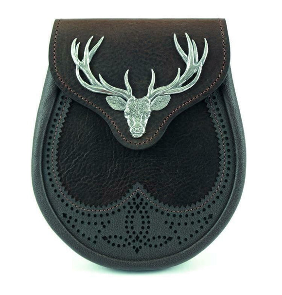 Stunning Glen Esk Brown Saddle Leather Semi Dress Sporran With Highland Stag