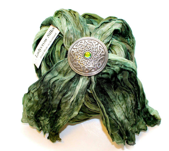 Ladycrow Mixed Green Pongee Silk Scarf with Celtic Knot Stone Scarf Ring