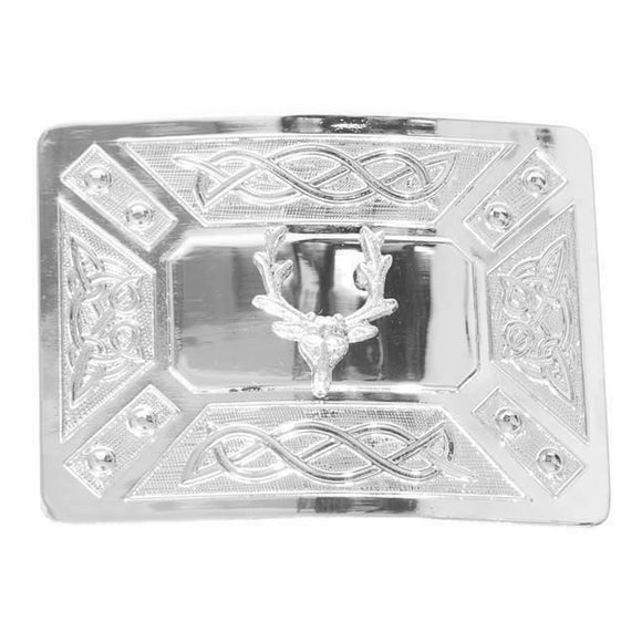 Solid Steel Traditional Stag with Zoomorphic Celtic Knot Kilt Buckle in a Polish