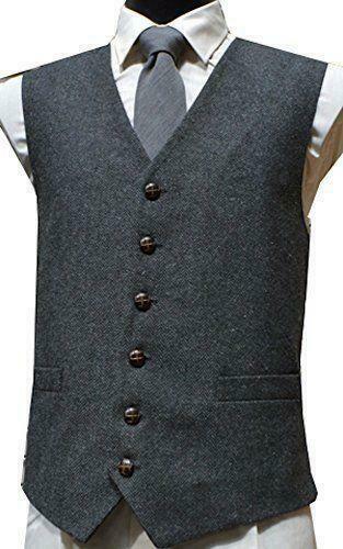 Mens Wool Blend Tweed Waistcoat Vest Gilet - Grey Herringbone