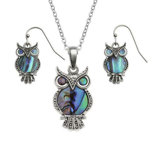 Tide Jewellery Inlaid Owl Necklace & Dangly Earring Set