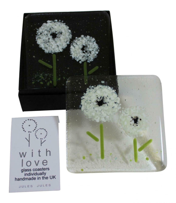 Pair of Handcrafted Glass Coasters Featuring A White Flower