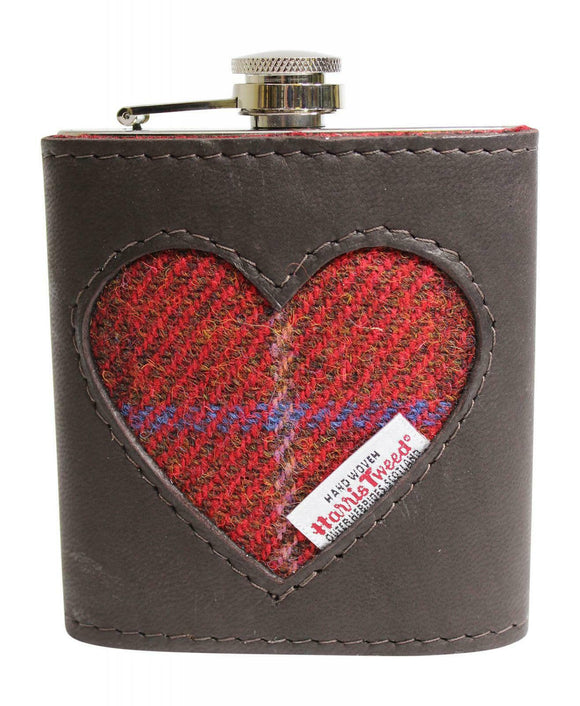 Stylish Brown Authentic Leather & Genuine Harris Tweed Heart 6oz Hipflask