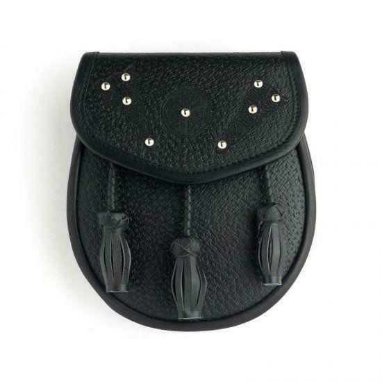 100% Black Leather Day Sporran Embossed Pike and Targe Studded