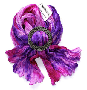 Ladycrow Pink and Purple Pongee Silk Scarf with Celtic Knot Scarf Ring Gift Set