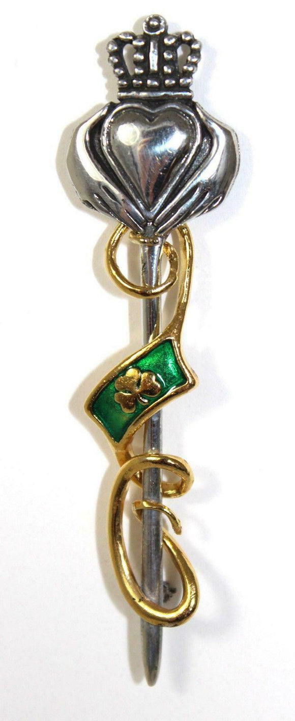 Claddagh Traditional Pewter Kilt Pin in Two Tone with Enamelled Shamrock Flag