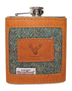 Tan Camel Authentic Leather & Green Harris Tweed Ladies Gents 6oz Hipflask