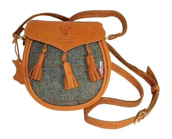 Designer Tan Leather & Custom Designed Green Check Harris Tweed Sporran Handbag