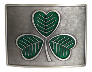 Green Enamelled Irish Shamrock Kilt Belt Buckle - Brushed Antique Finish