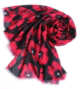 Alexander Thurlow Large Black and Red Poppy Flower Scarf Twilled Polyester Scarf